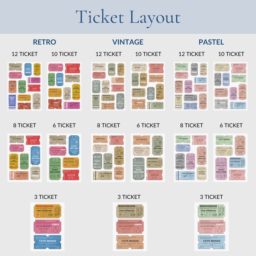 Digital keepsake featuring customised retro tickets a unique and sentimental gift for music lovers leaning on shelf