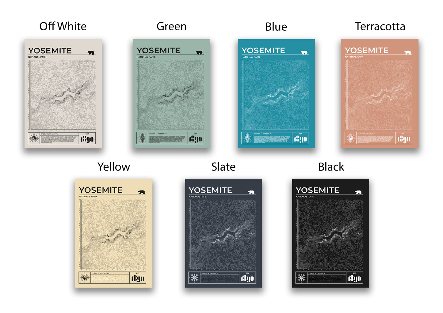 Framed Yosemite map art, great gift for hikers, many colour options.