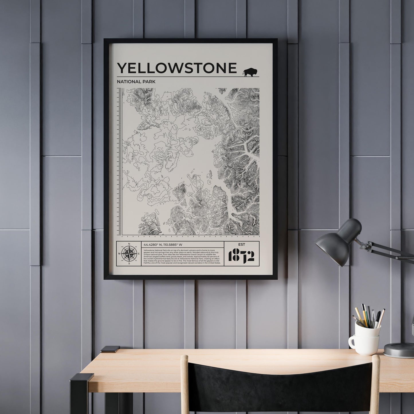 Digital printable cream Yellowstone topography vintage art, ideal for nature and hiking fans.