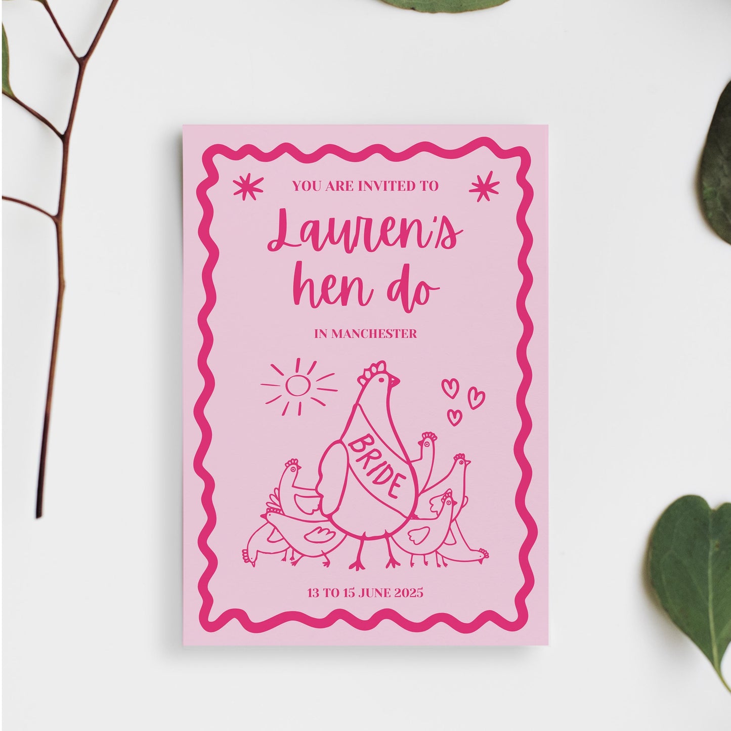 A digital Hen Do Invite Proposal Card. Fully Customisable and custom to you event. All you need is canva to pick your text, colours and style. Perfect for Hen do Hens Party Bridal Invitations.