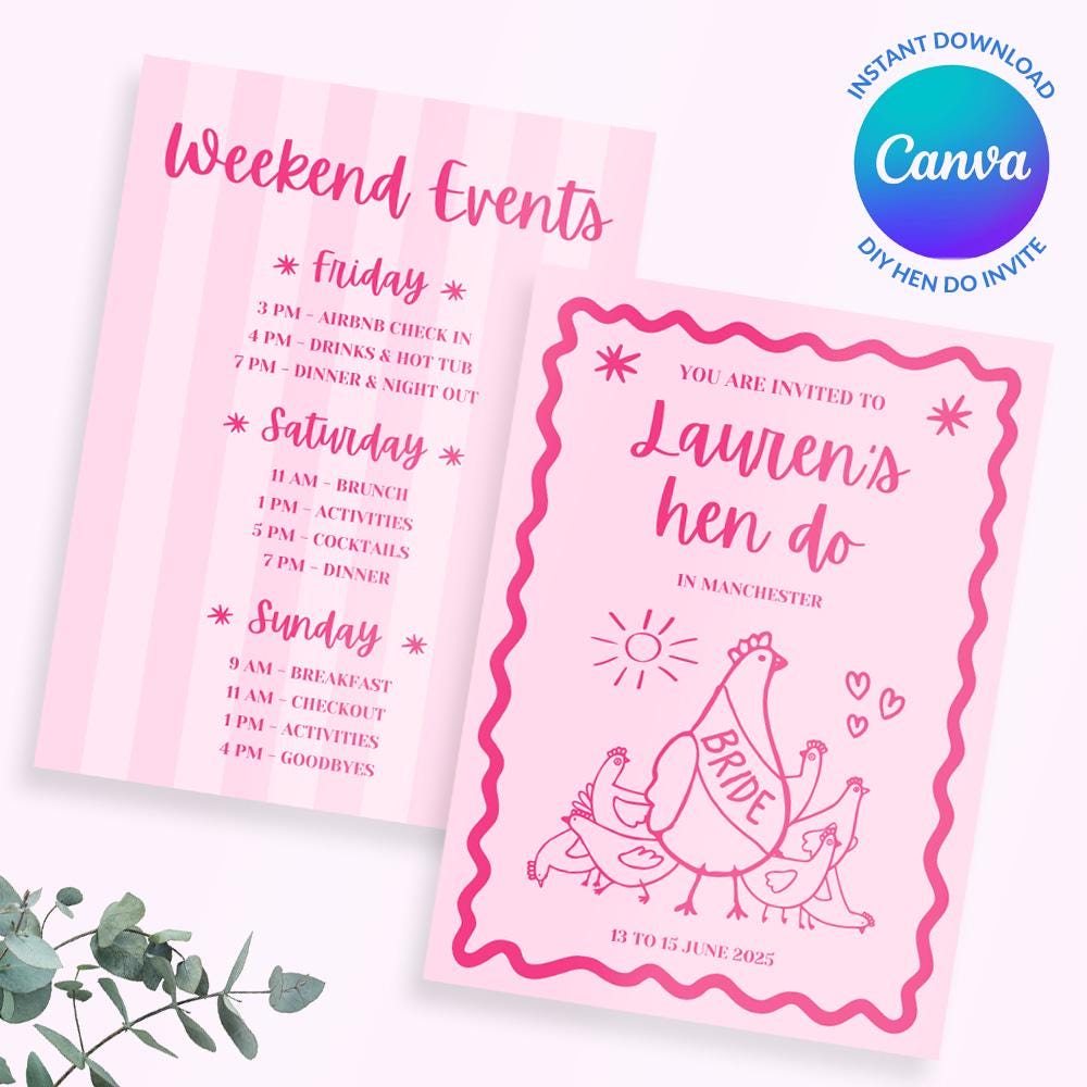 A digital Hen Do Invite Proposal Card. Fully Customisable and custom to you event. All you need is canva to pick your text, colours and style. Perfect for Hen do Hens Party Bridal Invitations.