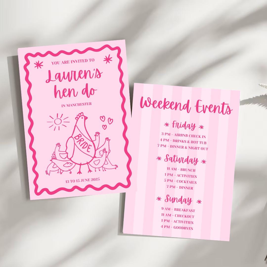 A digital Hen Do Invite Proposal Card. Fully Customisable and custom to you event. All you need is canva to pick your text, colours and style. Perfect for Hen do Hens Party Bridal Invitations.
