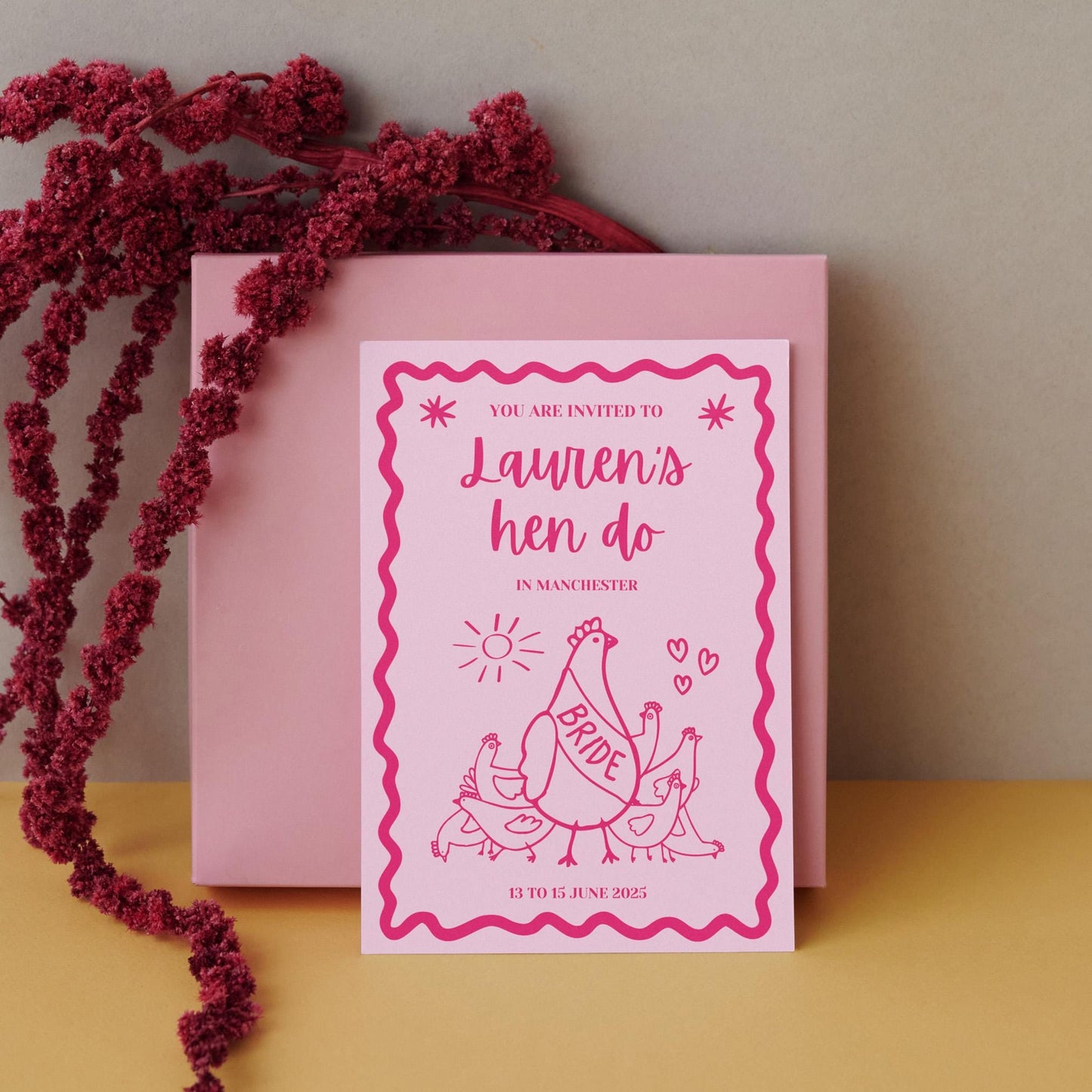 A digital Hen Do Invite Proposal Card. Fully Customisable and custom to you event. All you need is canva to pick your text, colours and style. Perfect for Hen do Hens Party Bridal Invitations.