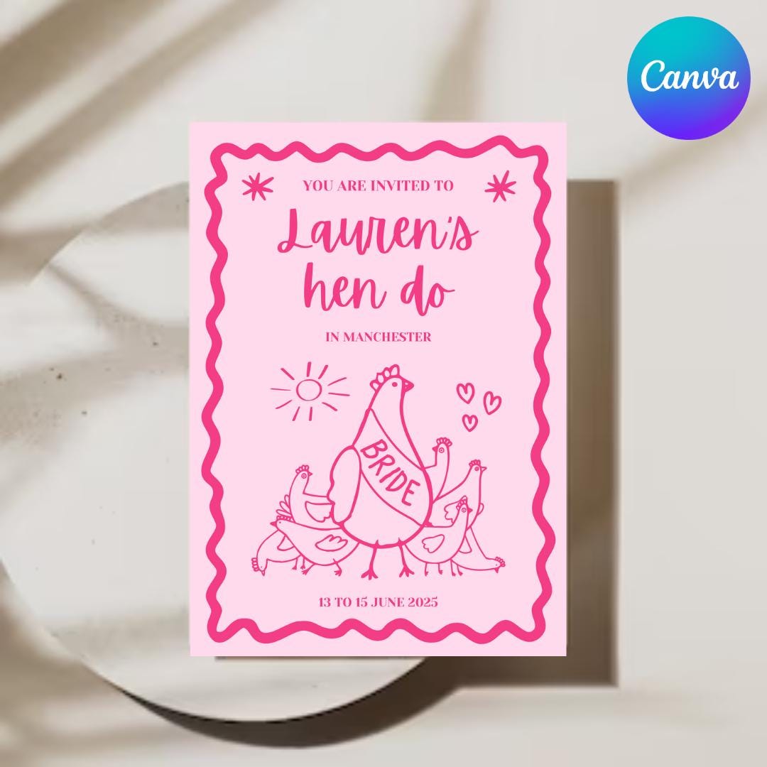 A digital Hen Do Invite Proposal Card. Fully Customisable and custom to you event. All you need is canva to pick your text, colours and style. Perfect for Hen do Hens Party Bridal Invitations.