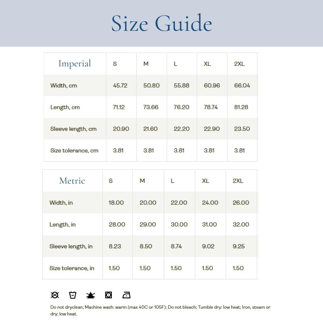 Inclusive high quality T Shirt size guide. Available in sizes S, M, L, XL, 2XL in all colour options.