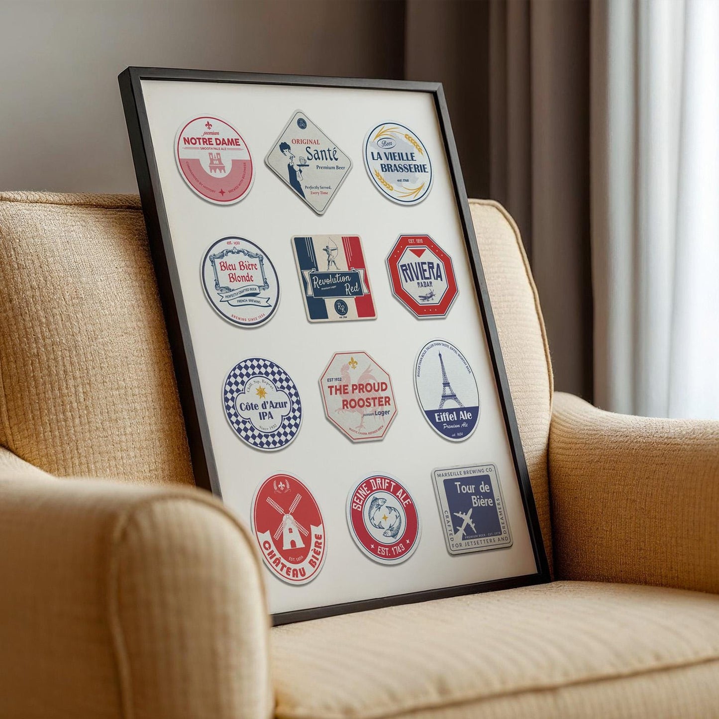 Handmade digital France travel beer mat print with iconic landmarks, perfect pub dad gift for beer lovers.