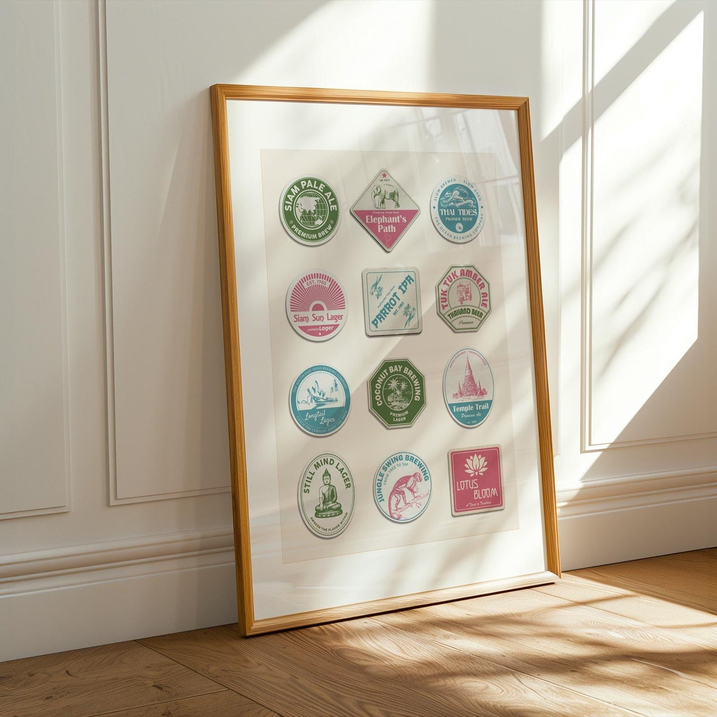 Framed Thai coaster travel print with Chiang Mai, Bangkok landmarks, great for home bar or living room display.