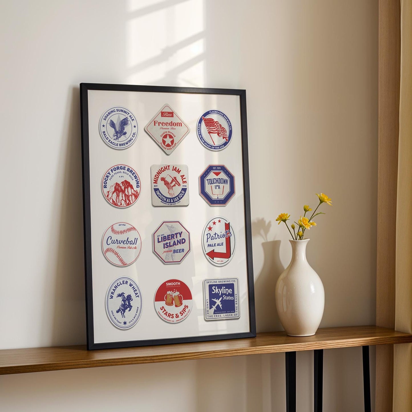 American pub coaster printable file with Chicago, Miami, Yellowstone landmarks, ideal pub beer gift for travellers.