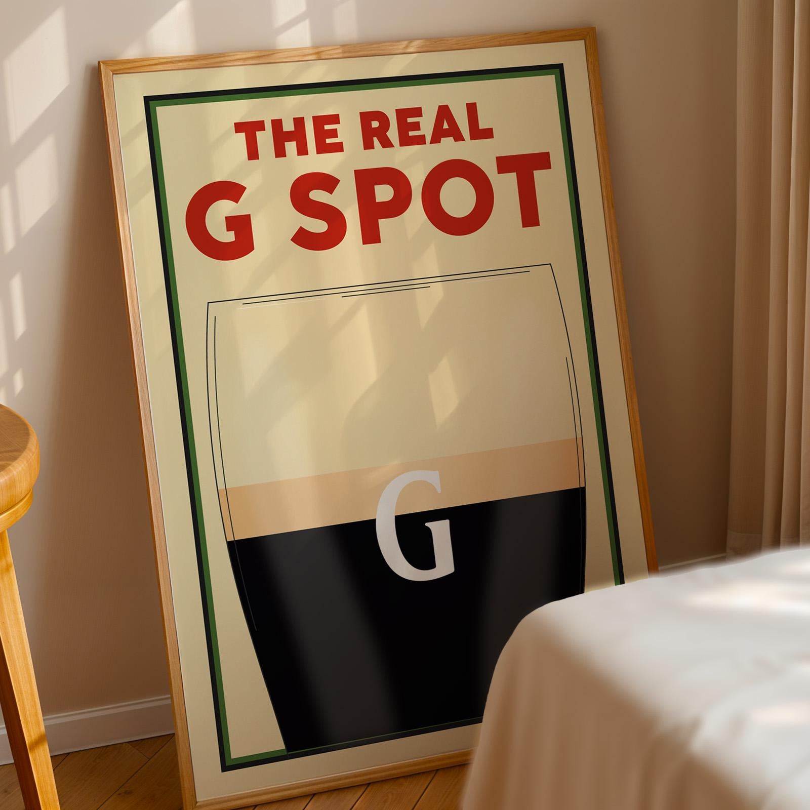 Digital the real g spot irish stout Poster with clean design and pun, printable file ready for DIY decor. A perfect gift idea for men.