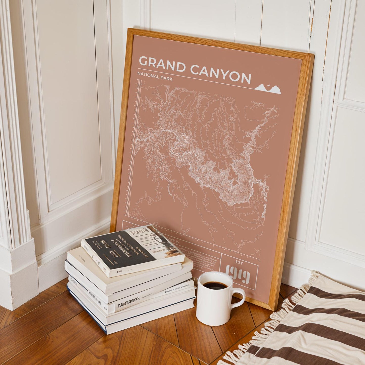 Framed Grand Canyon topographic poster in terracotta, perfect gift for hikers and nature lovers.
