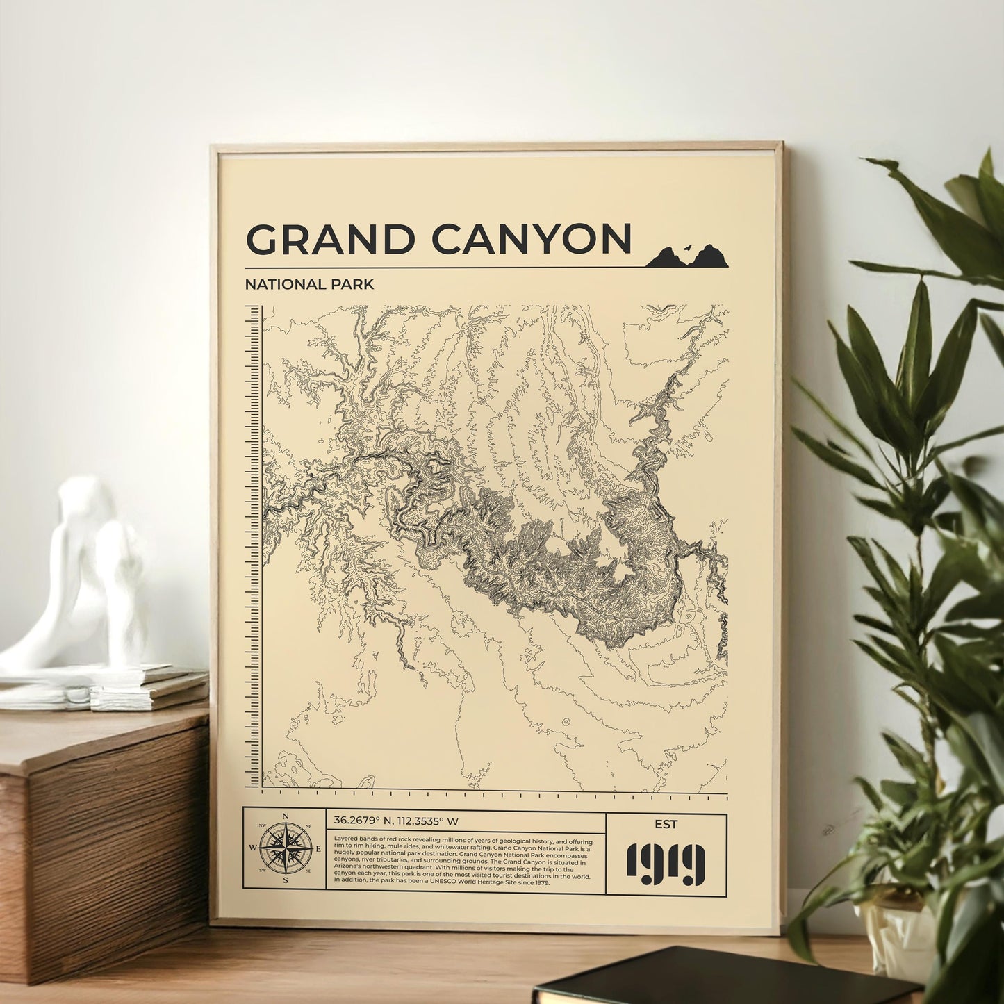 Framed yellow Grand Canyon topographic print, a great gift for camping and hiking fans.