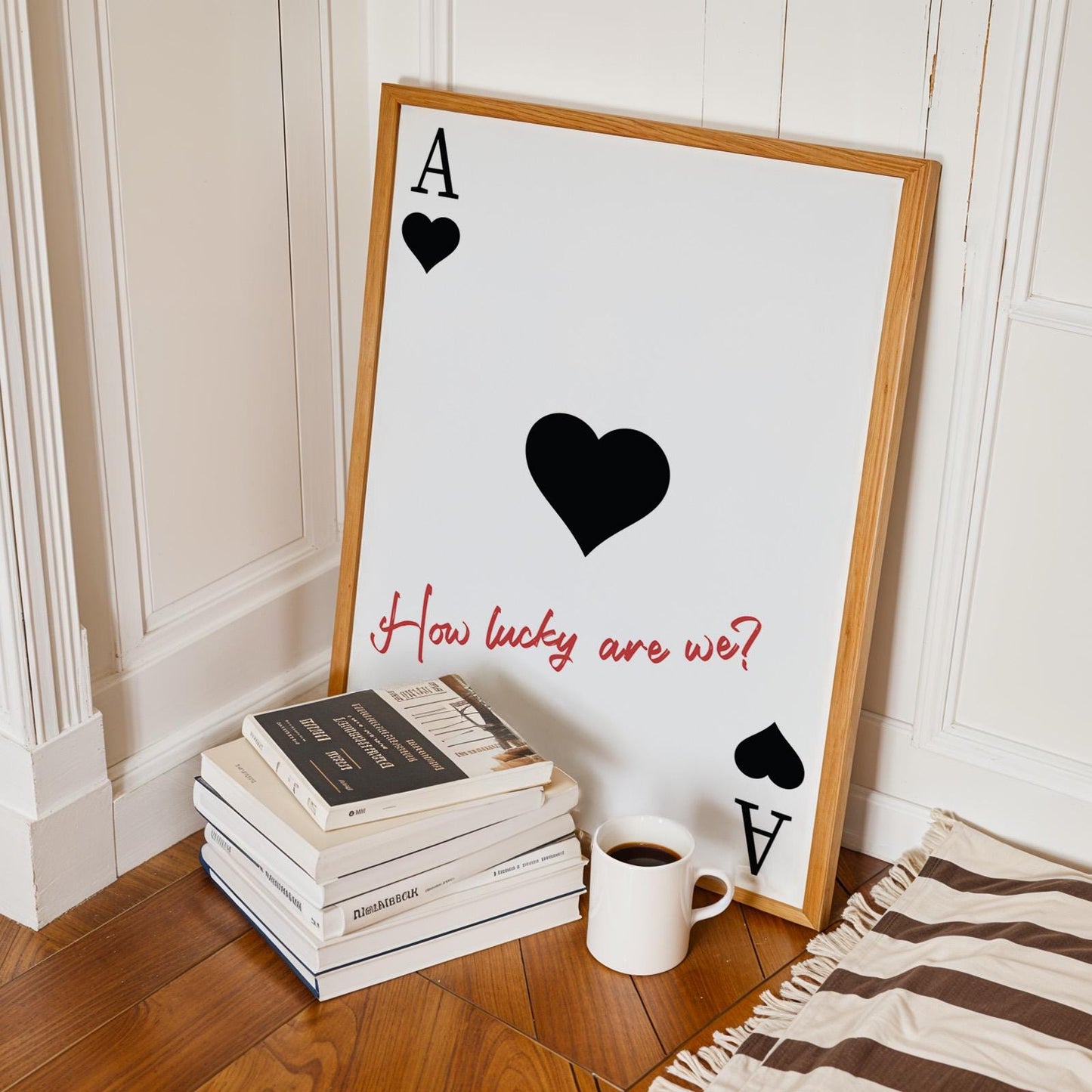 Lucky Ace Of Hearts Card poster with red romantic lyric text and black hearts on floor perfect gift for couples
