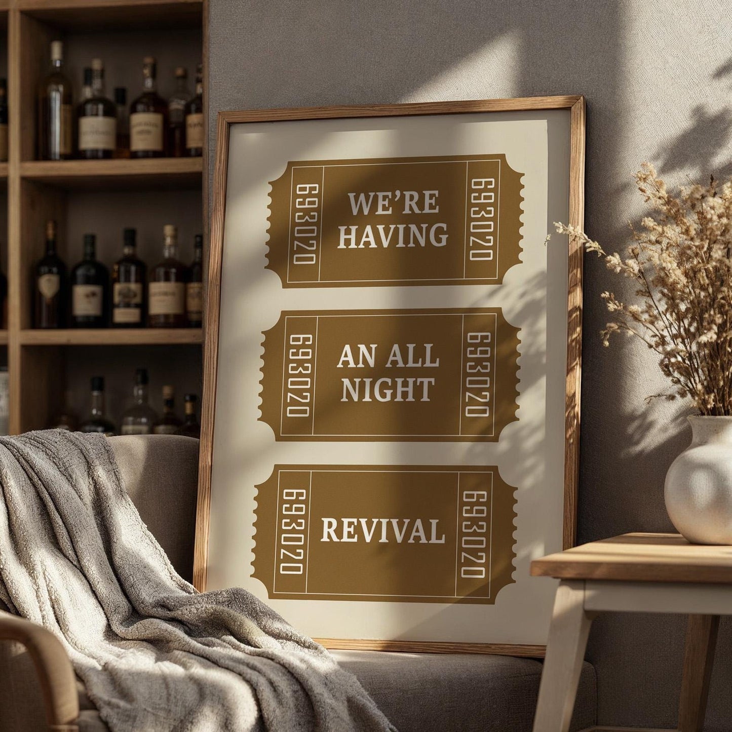 Digital western lyric art with ticket stub design and country phrase in kitchen. ideal for printable home décor.