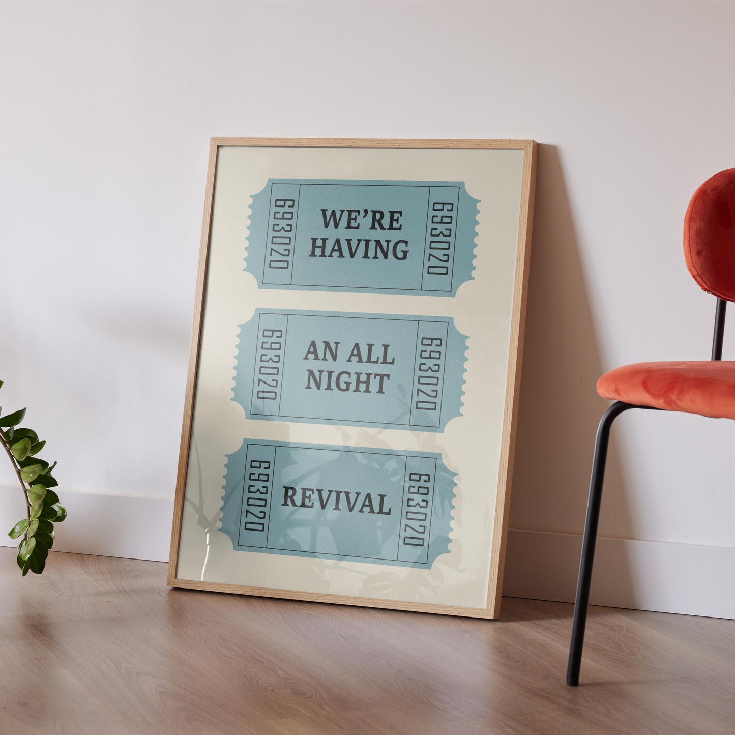Western-style digital poster with “we're having an all night revival” on vintage tickets, perfect for DIY décor.