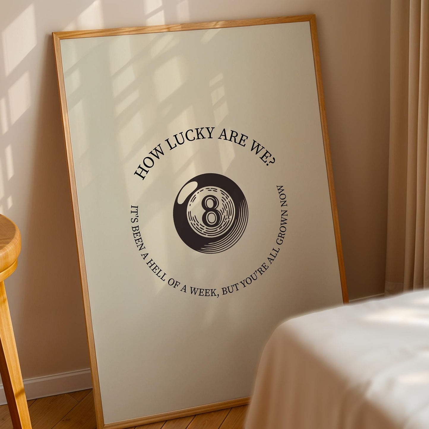 Downloadable country lyric print with “how lucky are we” and retro eight ball, perfect for romantic country décor.