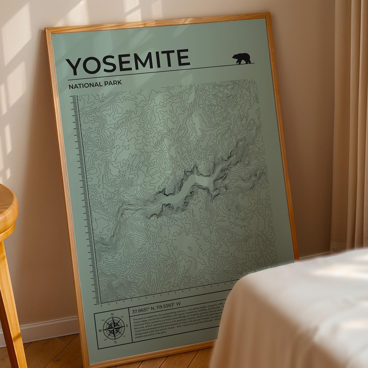 Framed hiking trail map print of Yosemite in green, great gift for trekking enthusiasts.