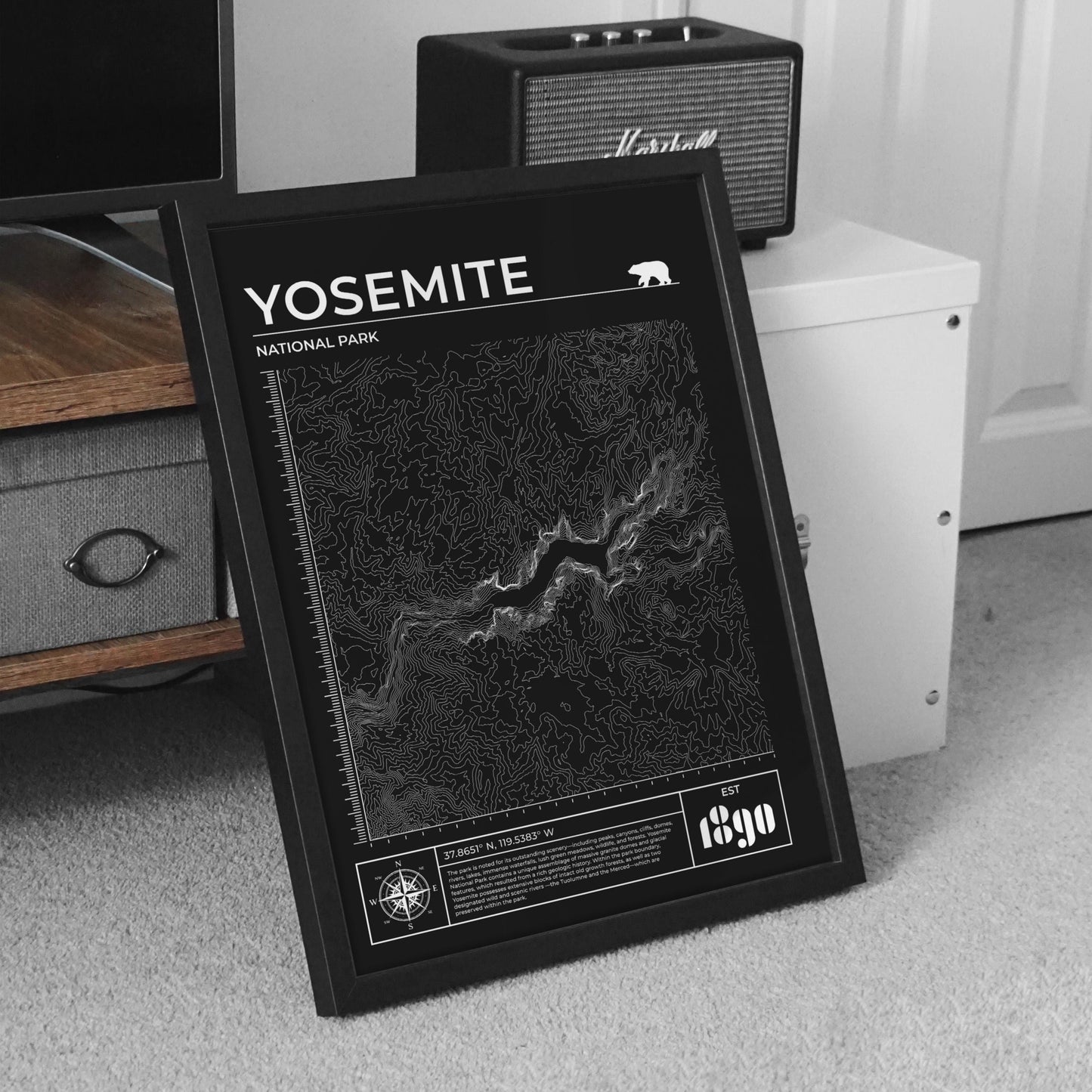 Yosemite topographic framed print, perfect for nature enthusiasts and hikers, black colour.