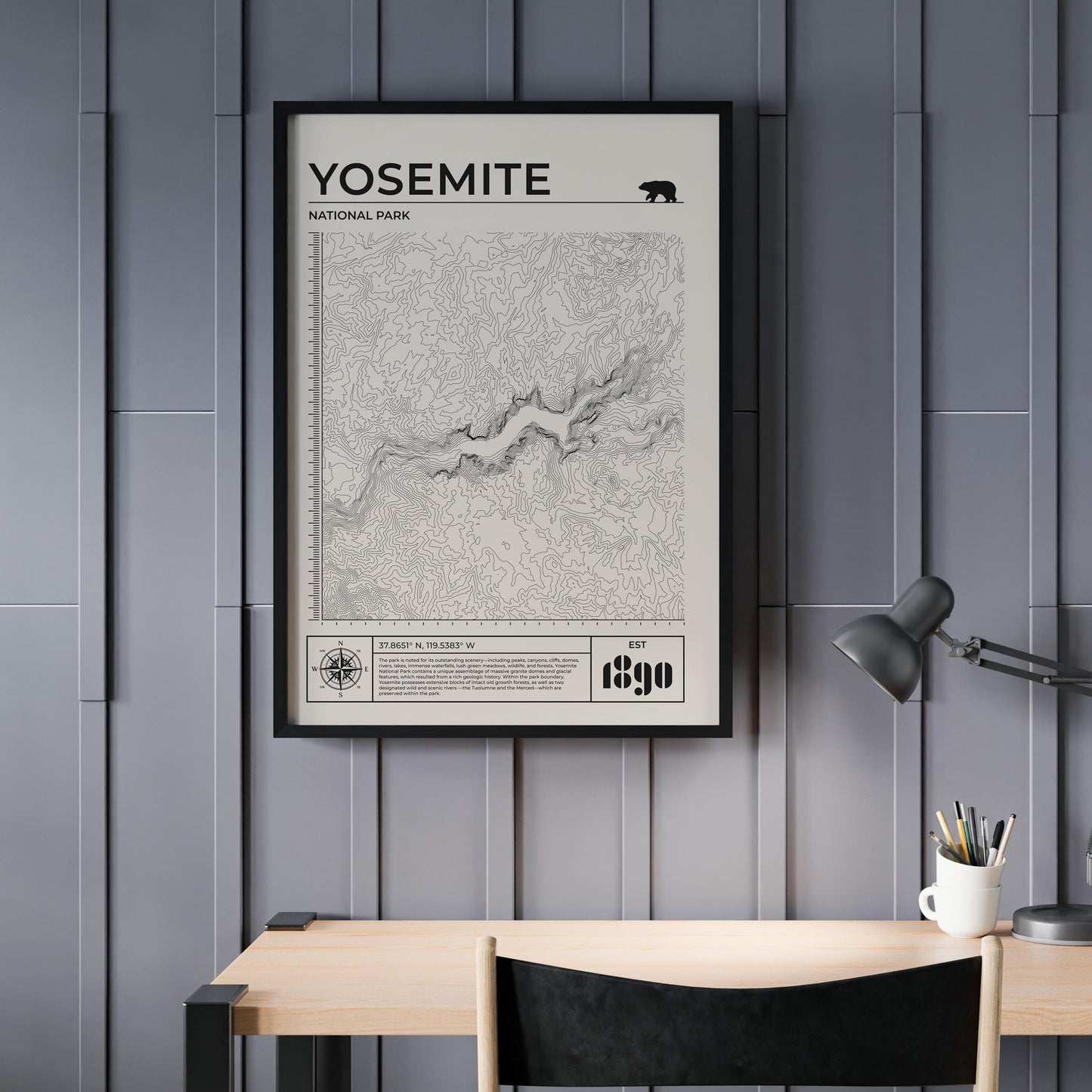 Yosemite contour map art print framed, great hiking decor and gift, beige monotone colours.
