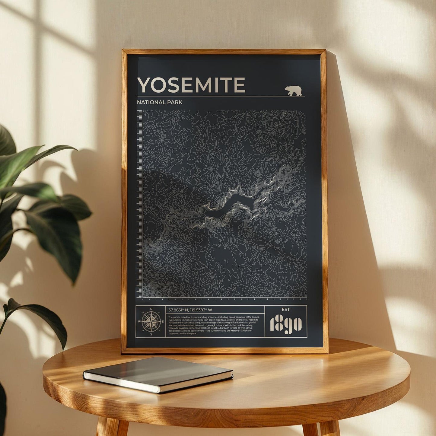 Instant download Yosemite slate grey contour map digital file, perfect gift for campers and hikers.