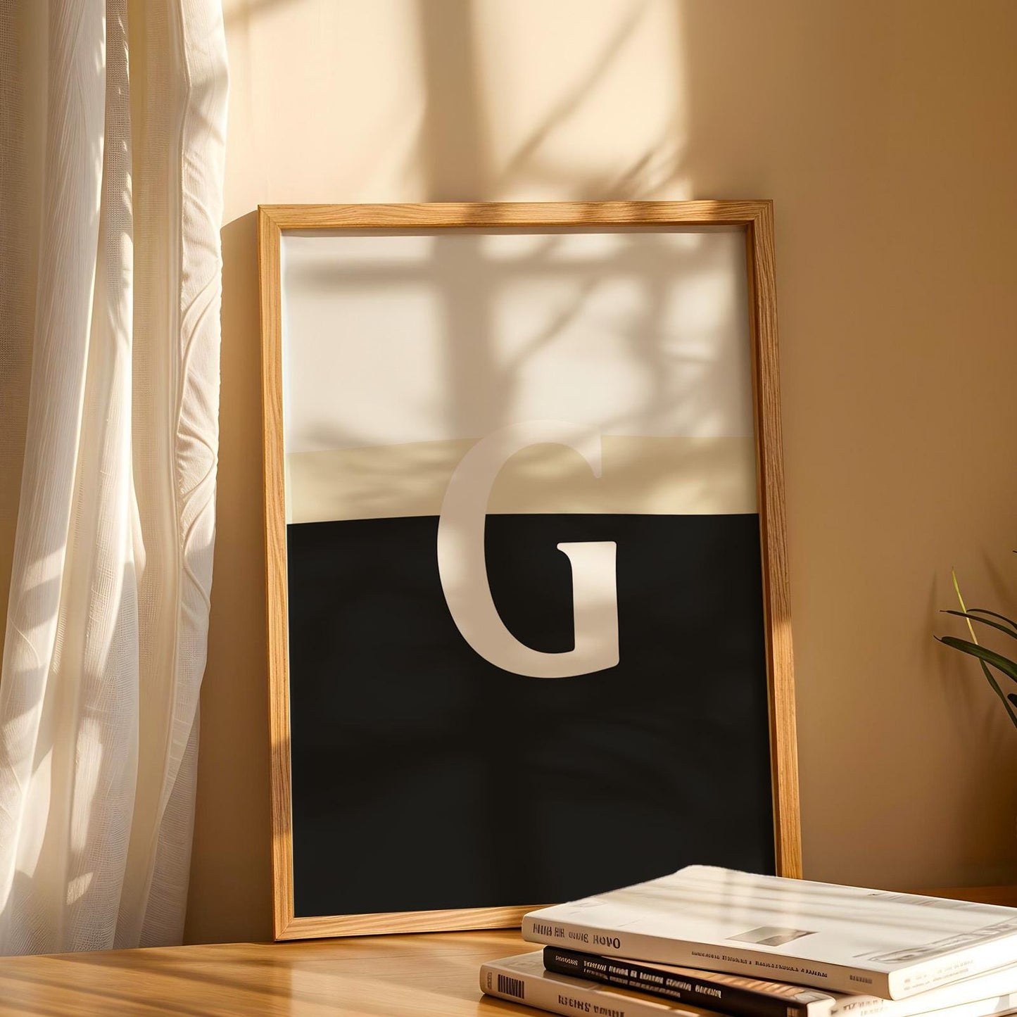 Trendy black and white close-up print of pint glass with split letter G, leaning on wall framed, perfect for home bars.