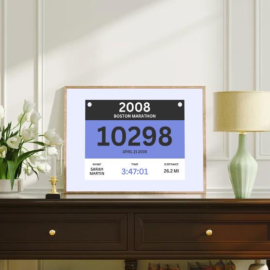 Digital marathon bib design featuring runner info and finish time, available as printable file. nostalgia runner keepsake.