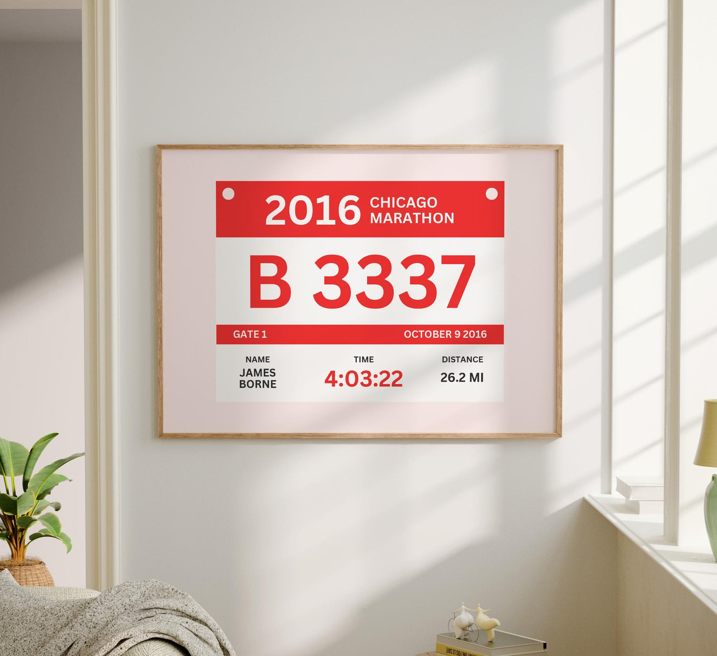 High-quality digital marathon bib print with personalized race details, perfect for runner gifts and memorabilia.