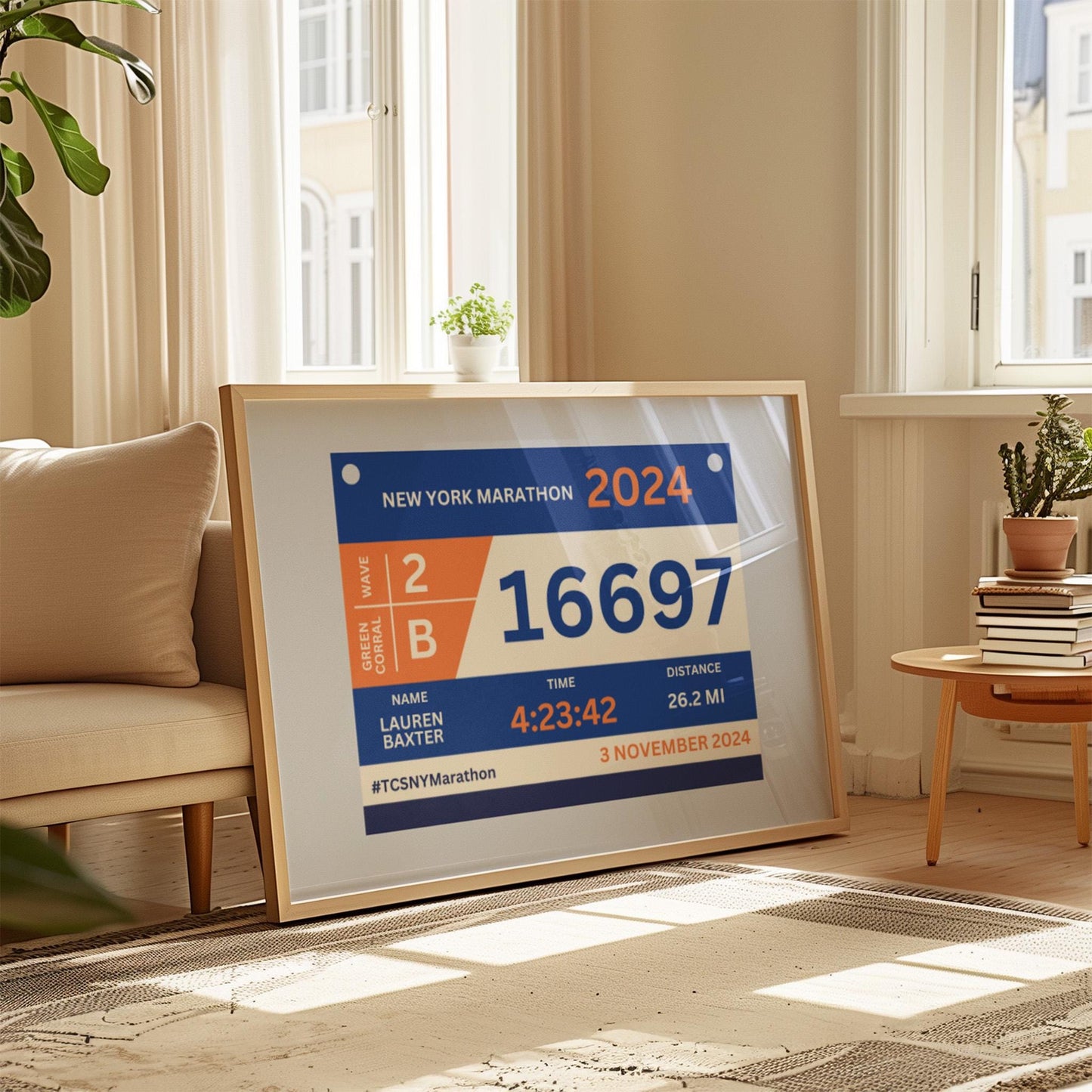 Vibrant digital marathon bib design with event date and runner info, perfect for printing or sharing. Unique runner gift idea.