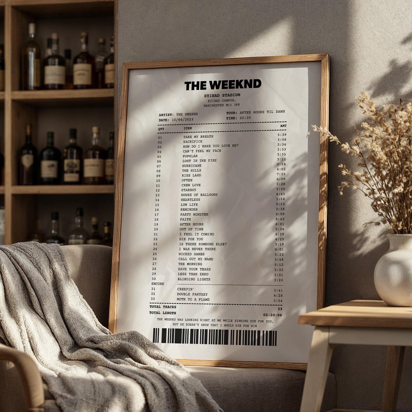 Printable concert setlist poster receipt design personalised digital file for music fans
