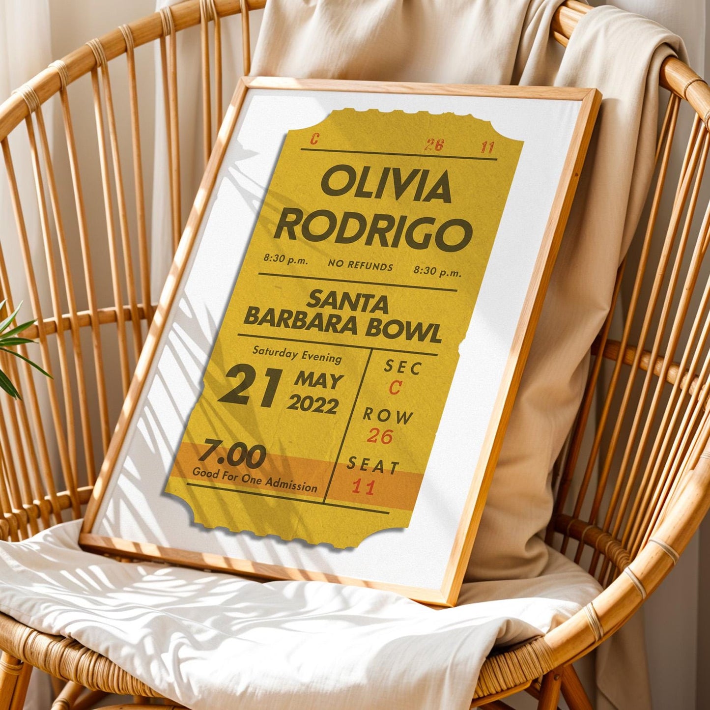 Vintage-style single concert ticket in mustard, digital personalised print for music gift. Personal and unique to you.