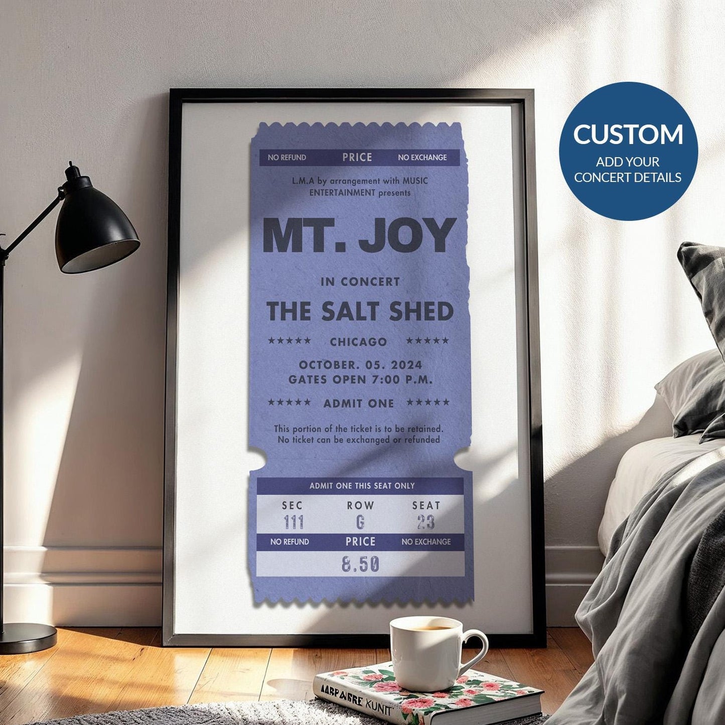 Framed personalised festival event poster in deep blue, bespoke vintage print leaning on the wall