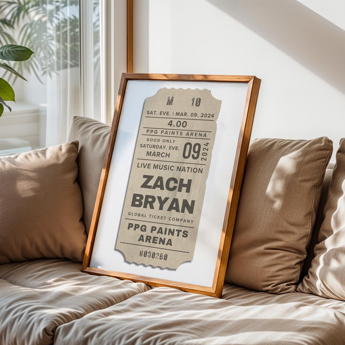 Custom printable concert ticket in soft beige, digital file for music lovers and nostalgic decor.