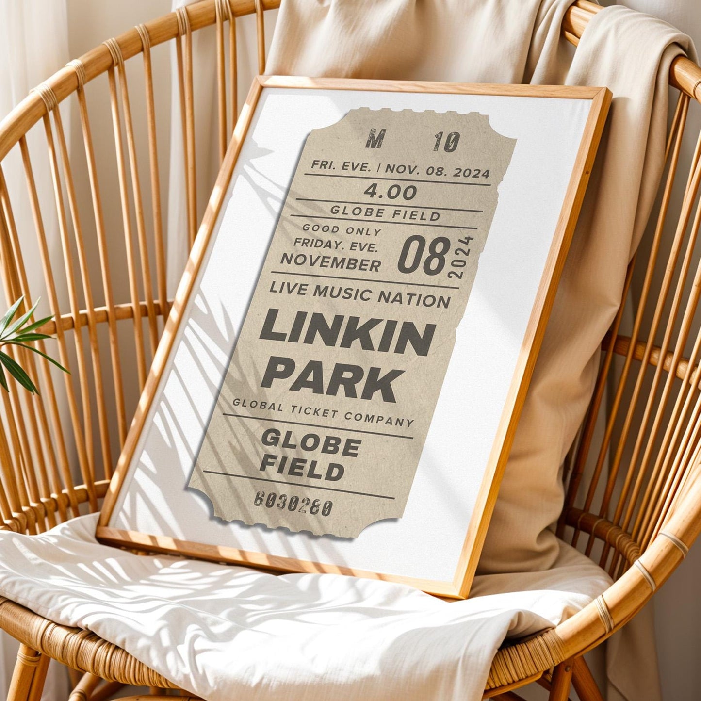 Soft neutral concert ticket design, printable bespoke artwork for music fans. Nostalgic memory keepsake gift idea.