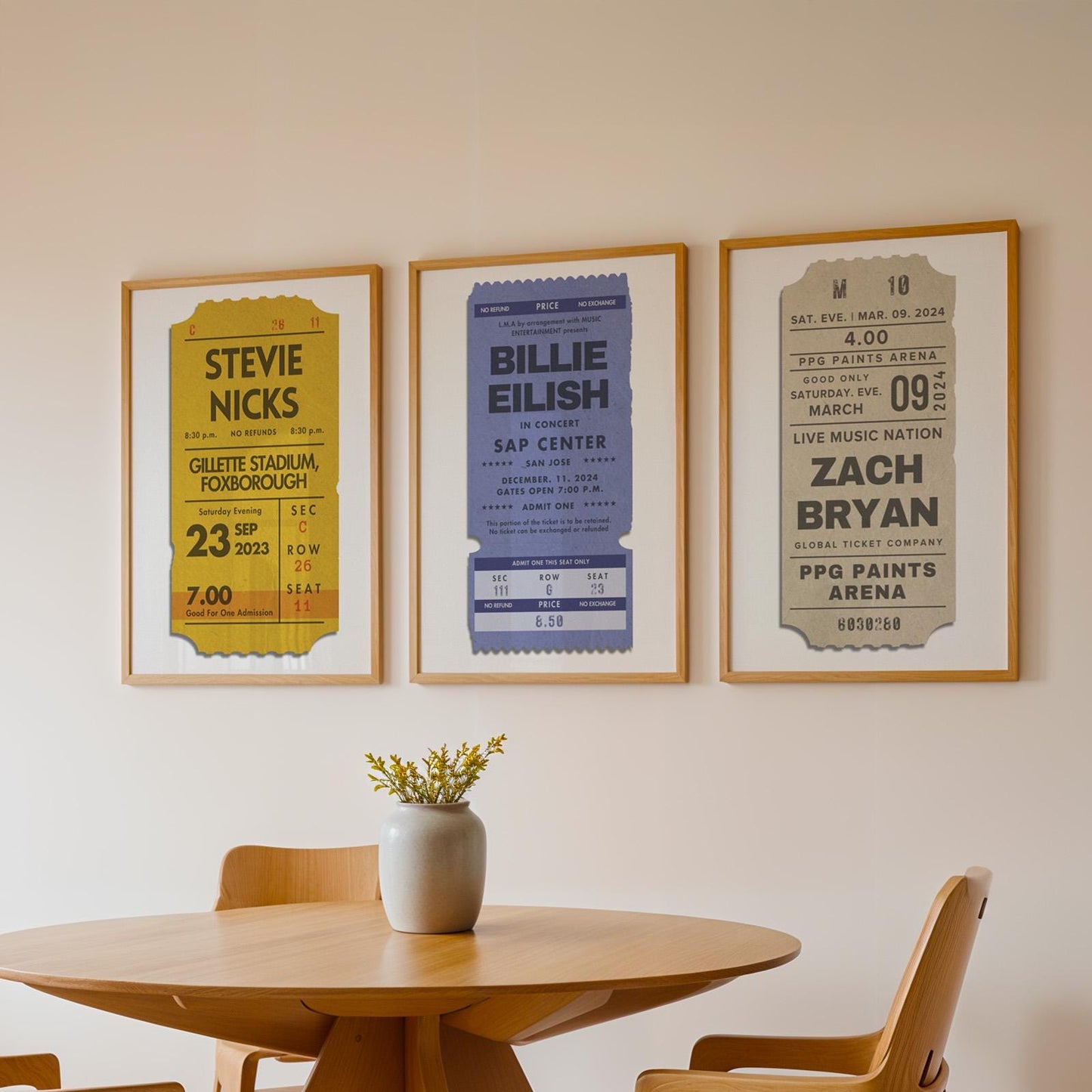 Set of three bespoke concert ticket prints, framed or unframed, in neutral, blue, and mustard colourway.