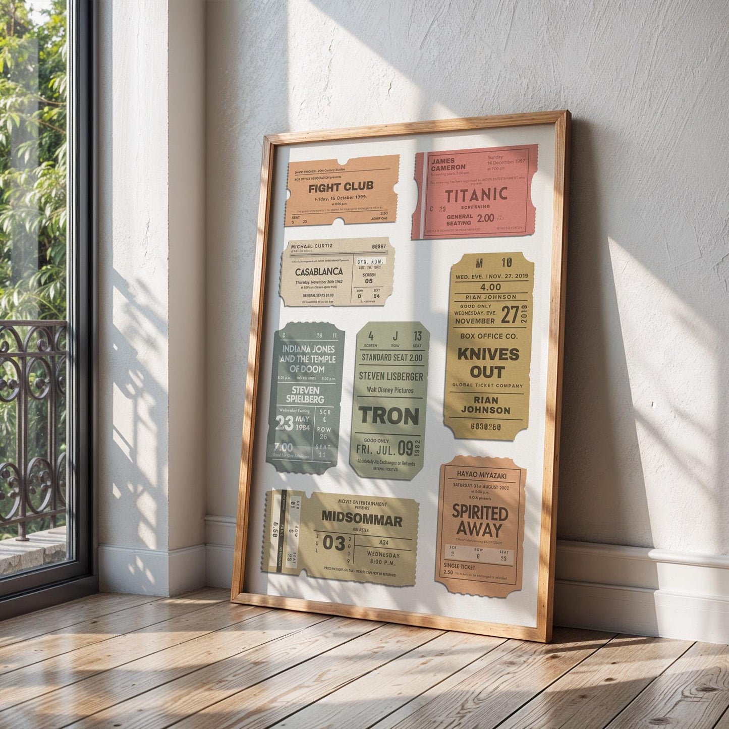 Personalized digital vintage movie ticket stubs print, nostalgic keepsake and cinema gift idea. Framed leaning on floor