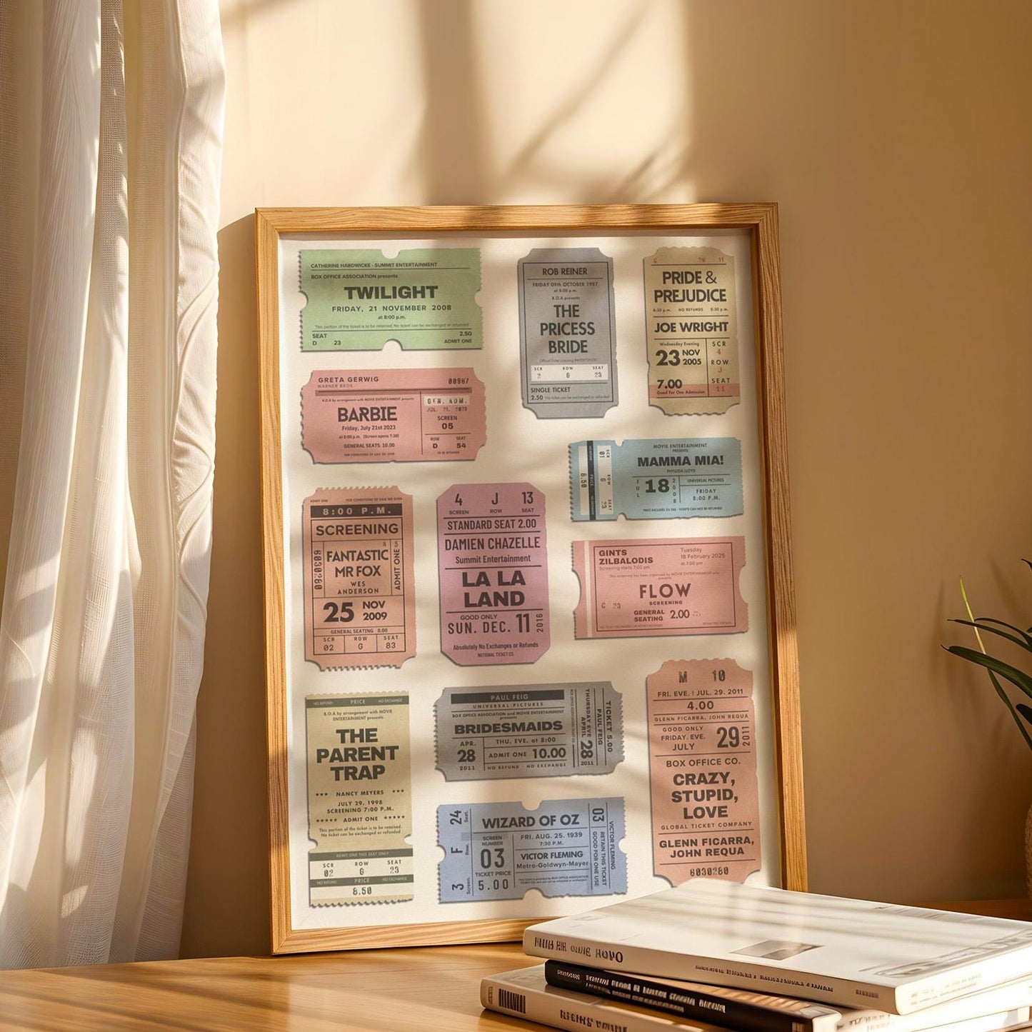 Vintage film theatre ticket stubs poster, customizable with favourite films, perfect nostalgic cinema gift idea pastel trendy