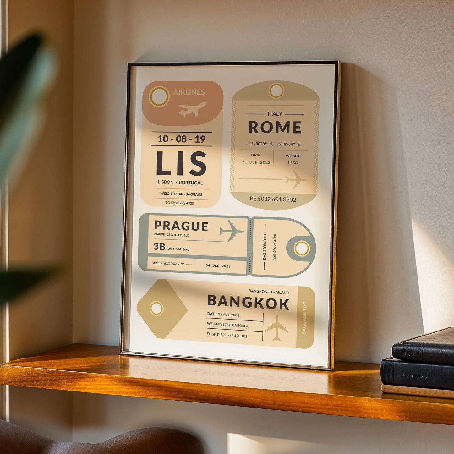 Custom airport code tag artwork leaning on wall, unique travel memory gift idea for jetsetters and adventurers.