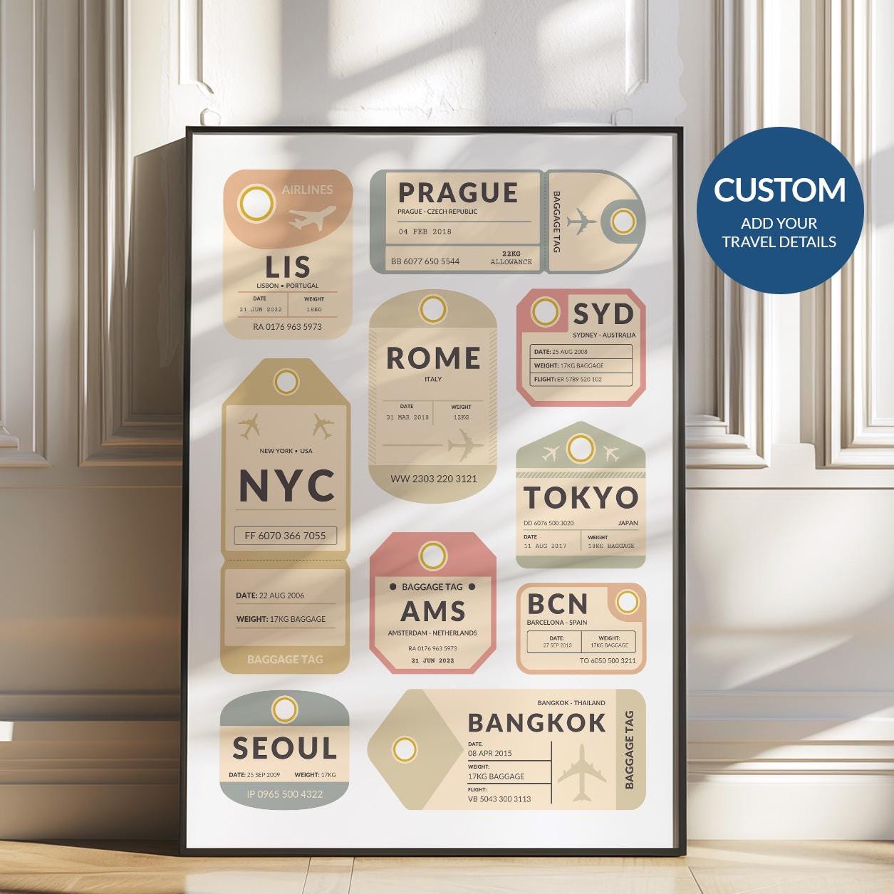 Framed vintage airport tag print leaning on shelf, perfect nostalgic gift for travel lovers and holiday memories.