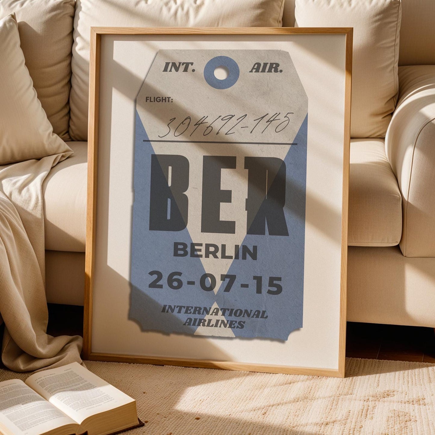 Blue luggage tag vintage poster, trendy framed print, perfect bespoke gift for travellers and holiday memories.