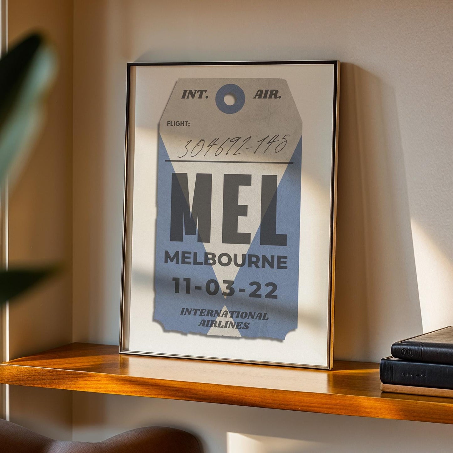Blue luggage tag vintage poster, black frame print in kitchen, bespoke gift for holiday travel and memories.