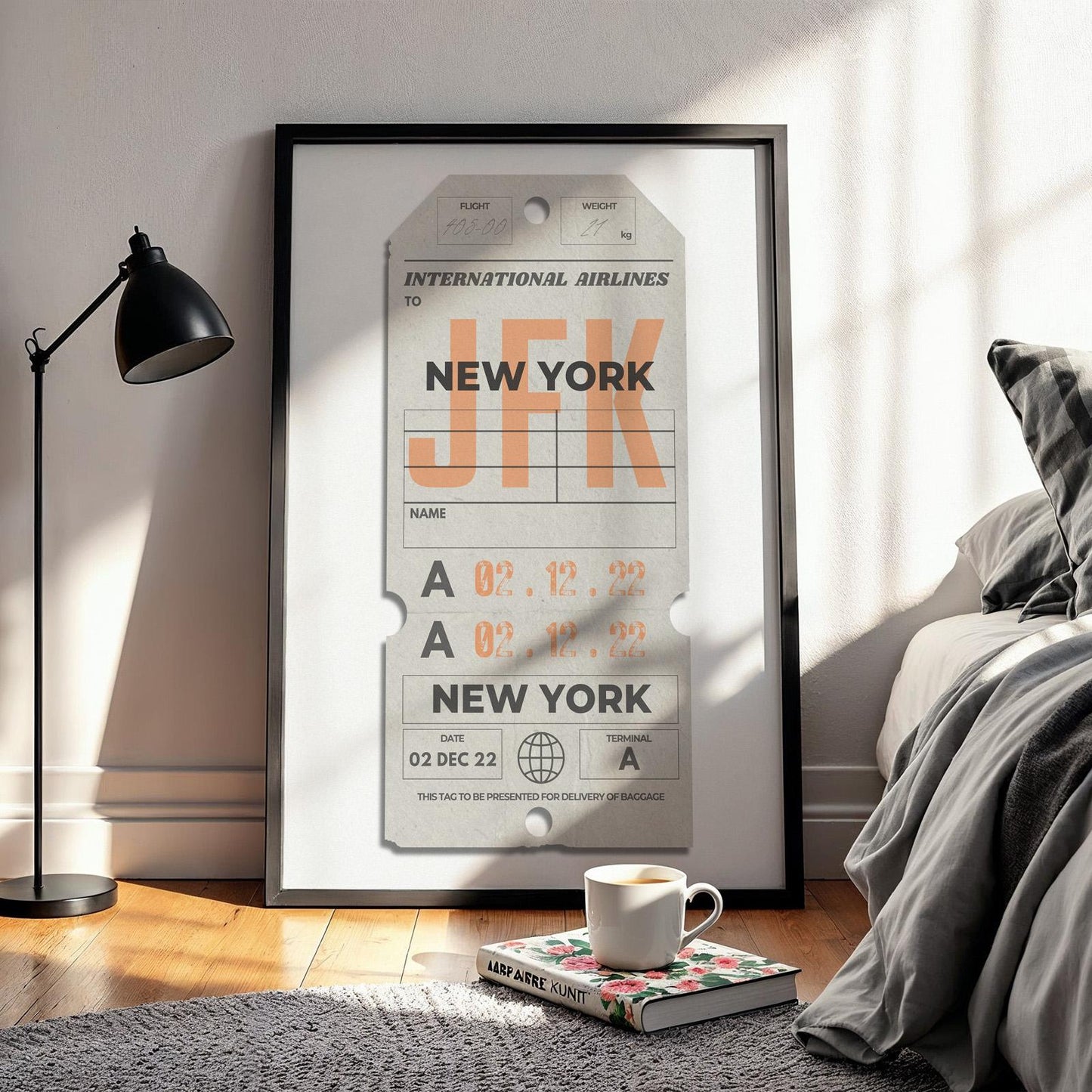 Cream flight pass departure art, framed and leaning on wall, custom vintage travel gift for holidays and travellers.