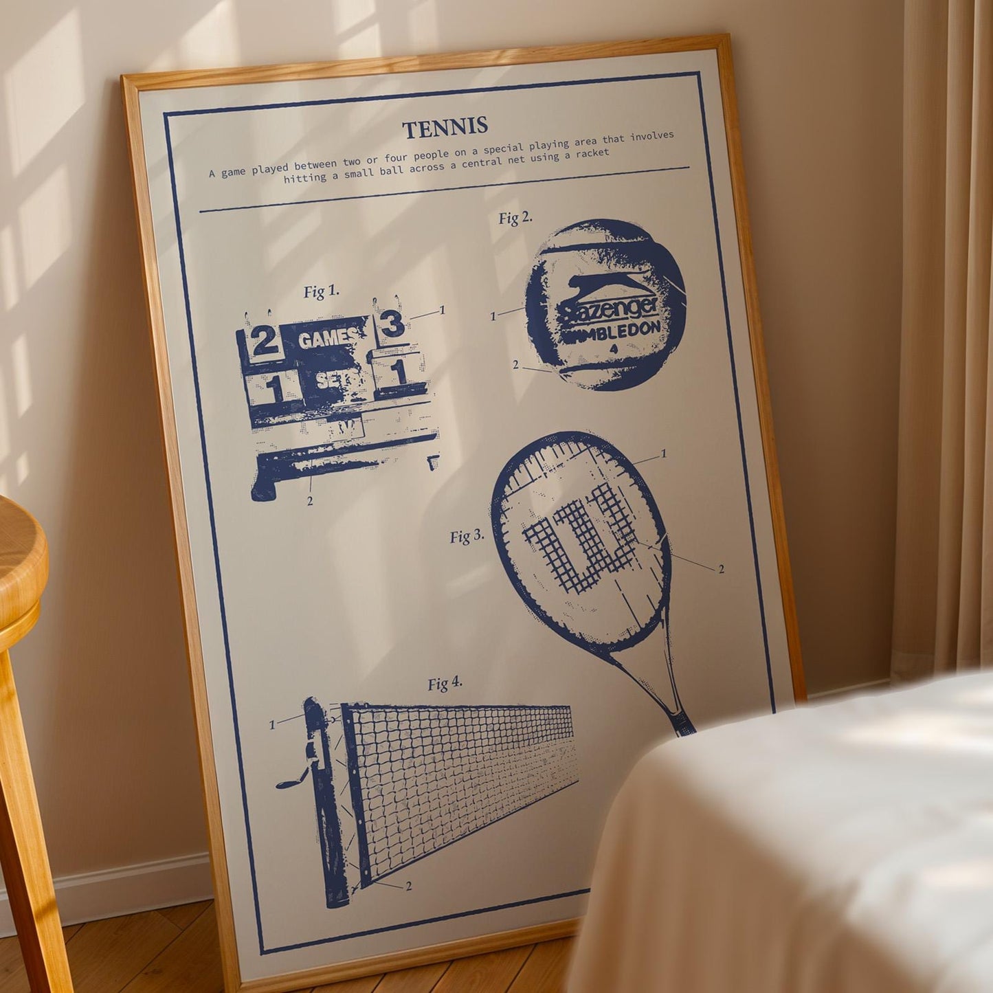 Digital tennis decor with classic gear illustrations, perfect printable for home gyms or player’s rooms