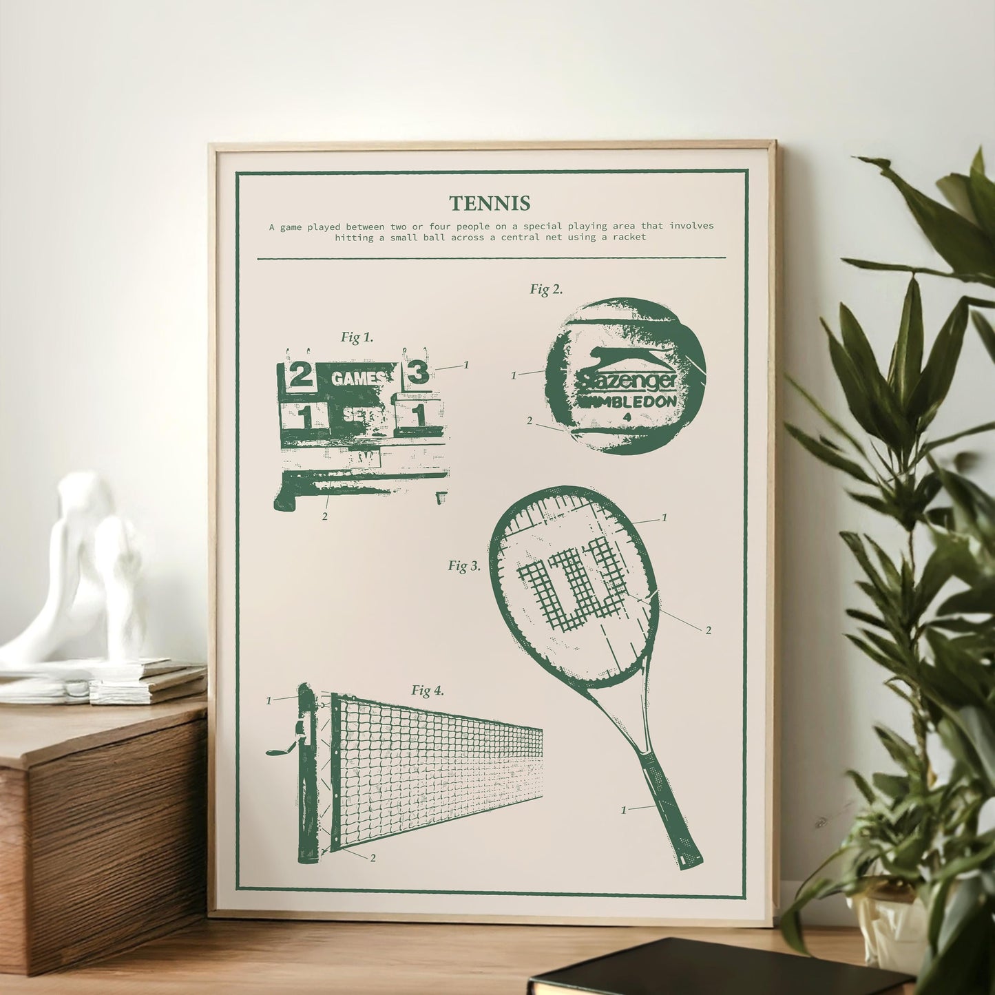 Tennis racquet and net blueprint print, instant digital art gift for tennis enthusiasts and athletes. Leaning in office