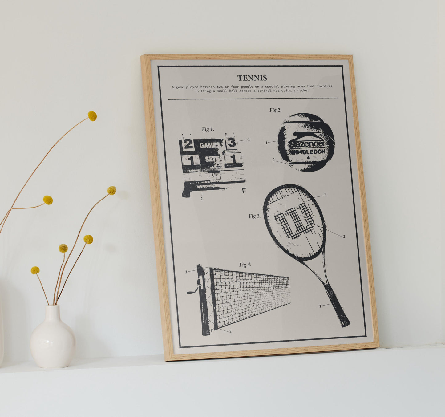 Downloadable tennis schematic wall art with vintage court and equipment visuals, great for sports lovers.