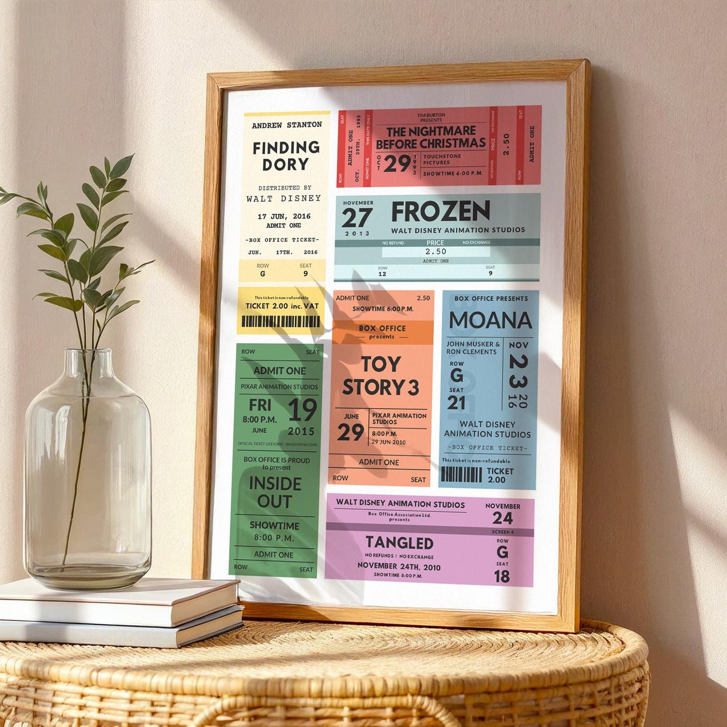 Custom digital screen theatre print leaning on desk in office, vintage-inspired keepsake for birthdays and couples.