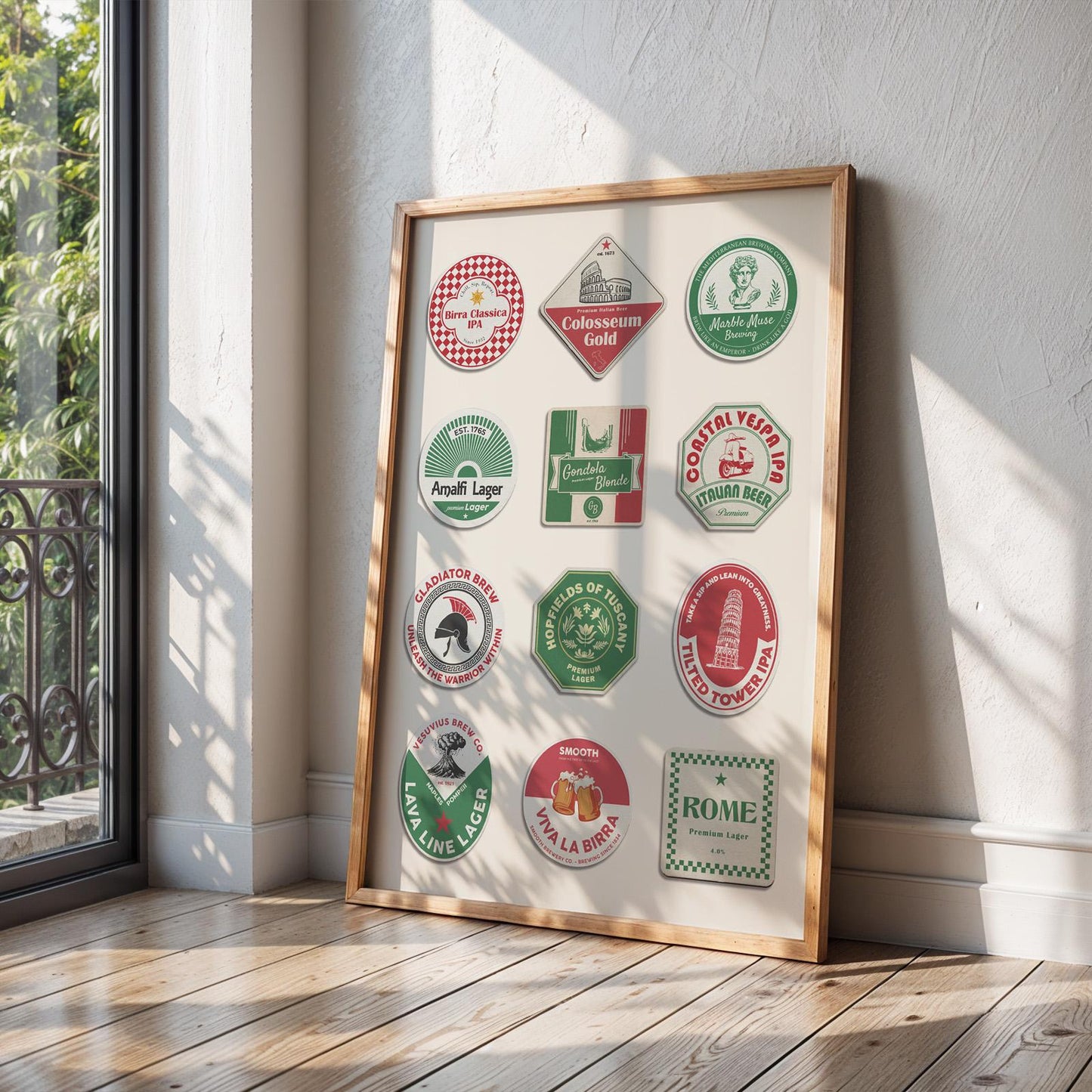 Framed pint glass print featuring Venice canals and Tuscany views great beer lover gift for kitchen or desk