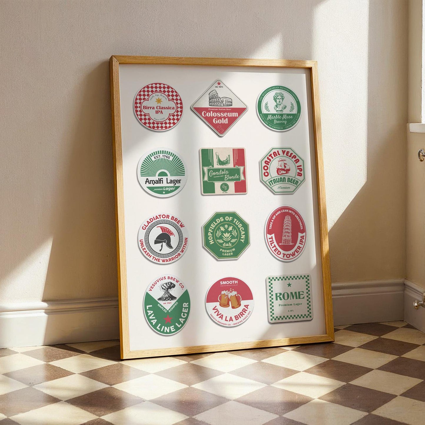 Framed travel coaster print with iconic cities leaning on living room floor ideal dad and pub gift