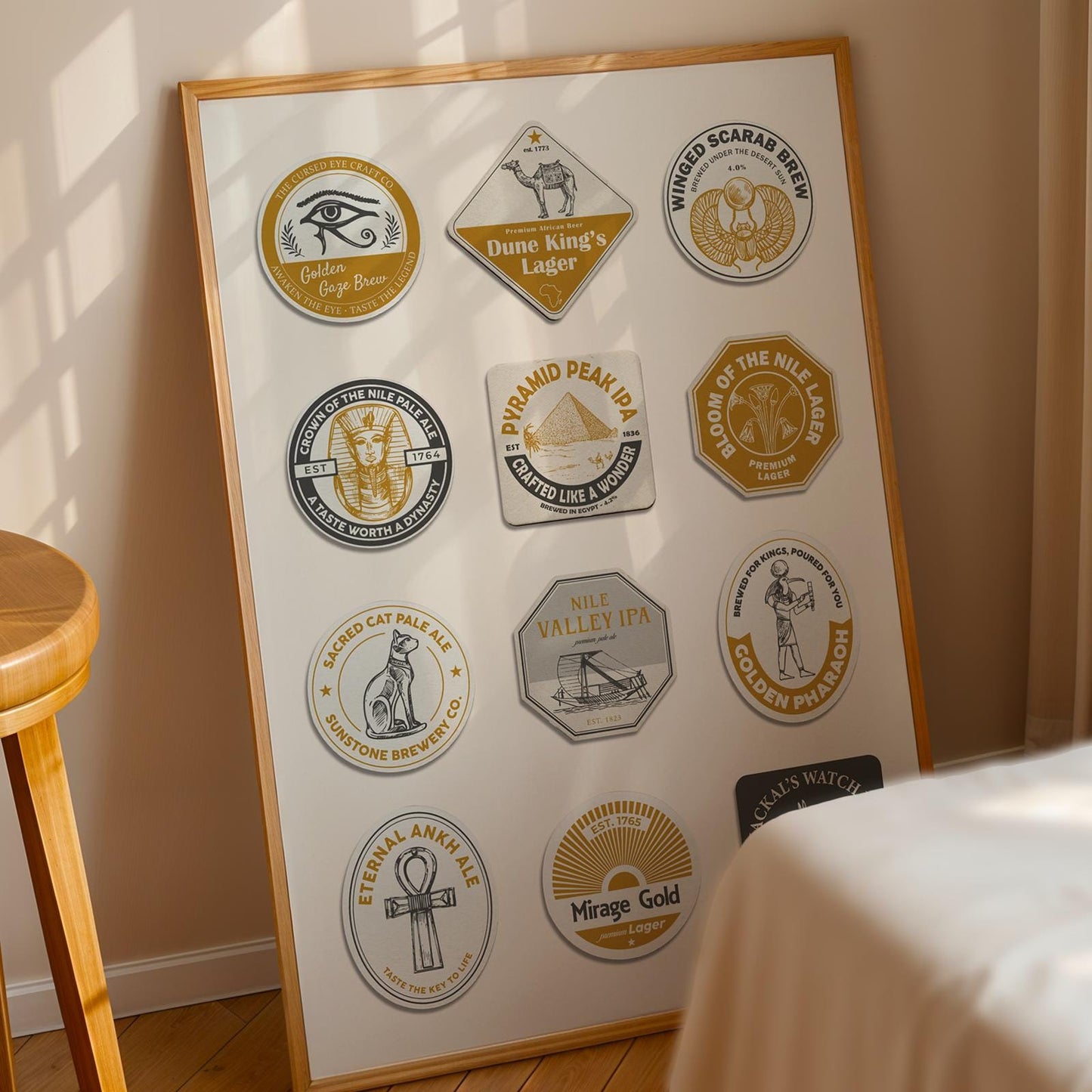 Egyptian unique beer mat print with Cairo, scarab and ancient symbols. Ideal pint gift for travellers and beer lovers.