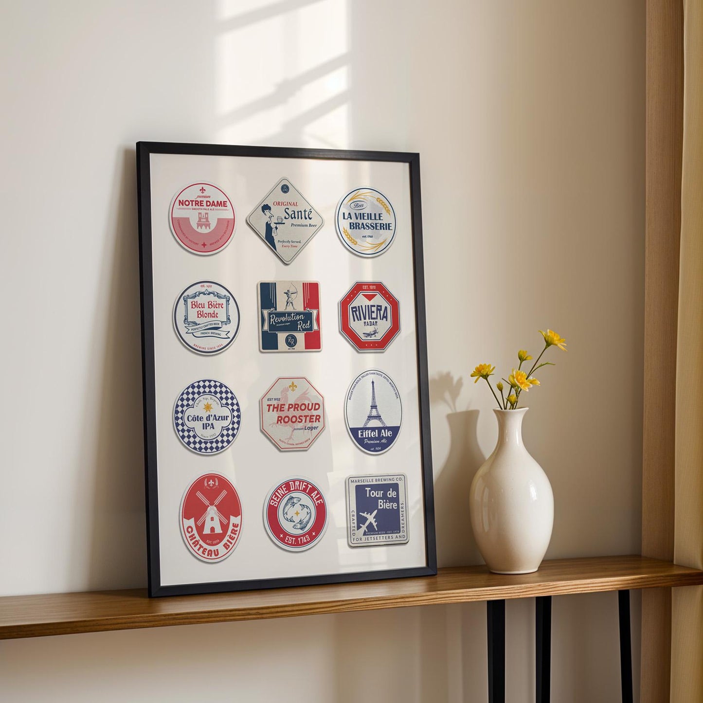 France-themed printable beer mat coaster showing Paris and vineyards, ideal traveller gift and holiday art.
