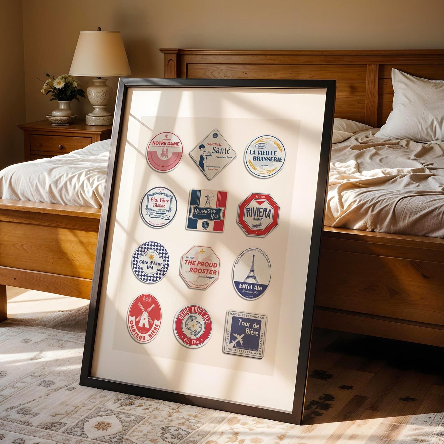 Handmade drink traveller wall art with iconic landmarks, perfect pub dad gift for Lager lovers.