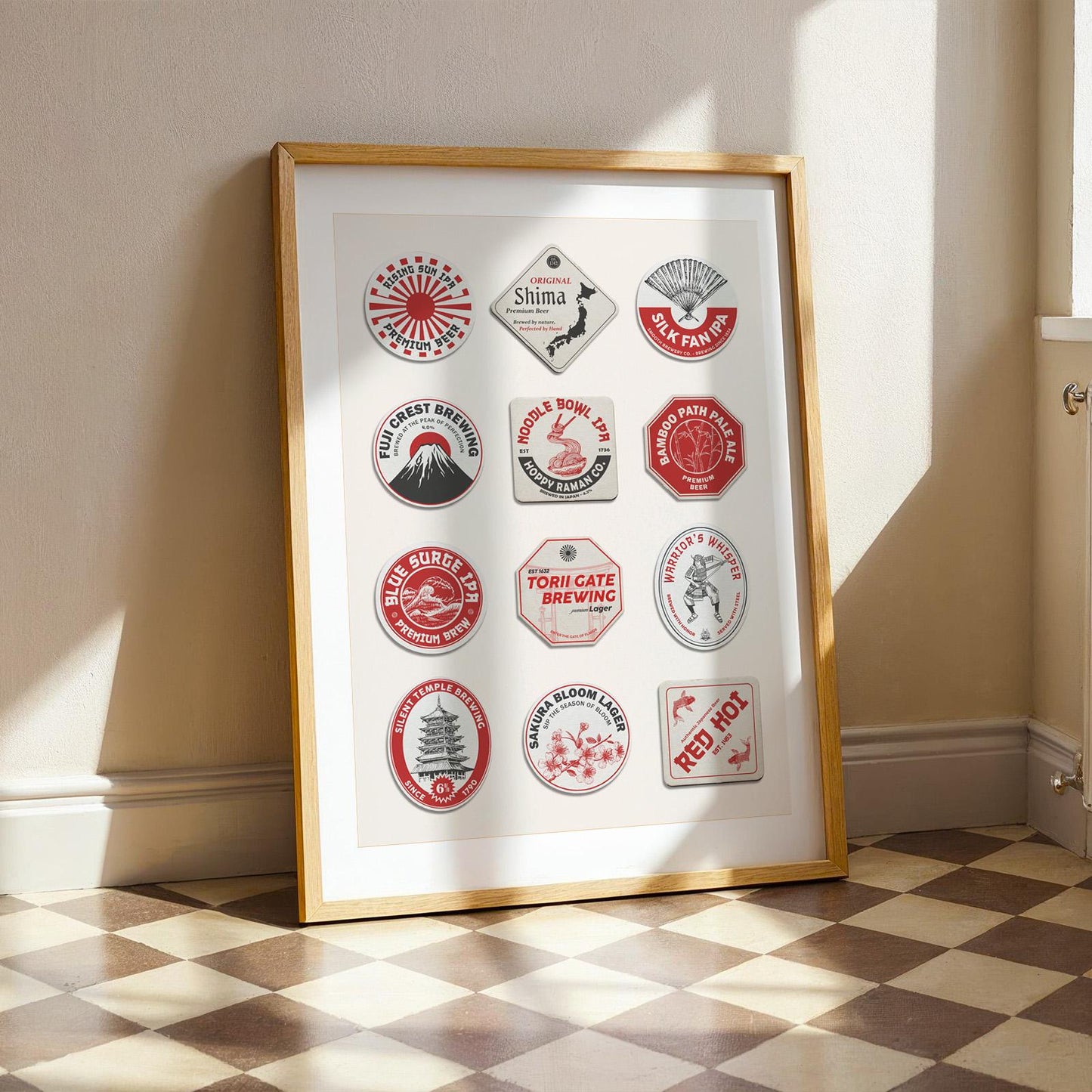 Japan travel beer mat framed poster with beer culture and city landmarks, perfect for office or kitchen wall.